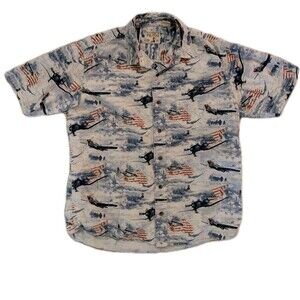 Red Head Large Button Up Shirt Patriotic WWII Fighter Plane Americana Short Slee